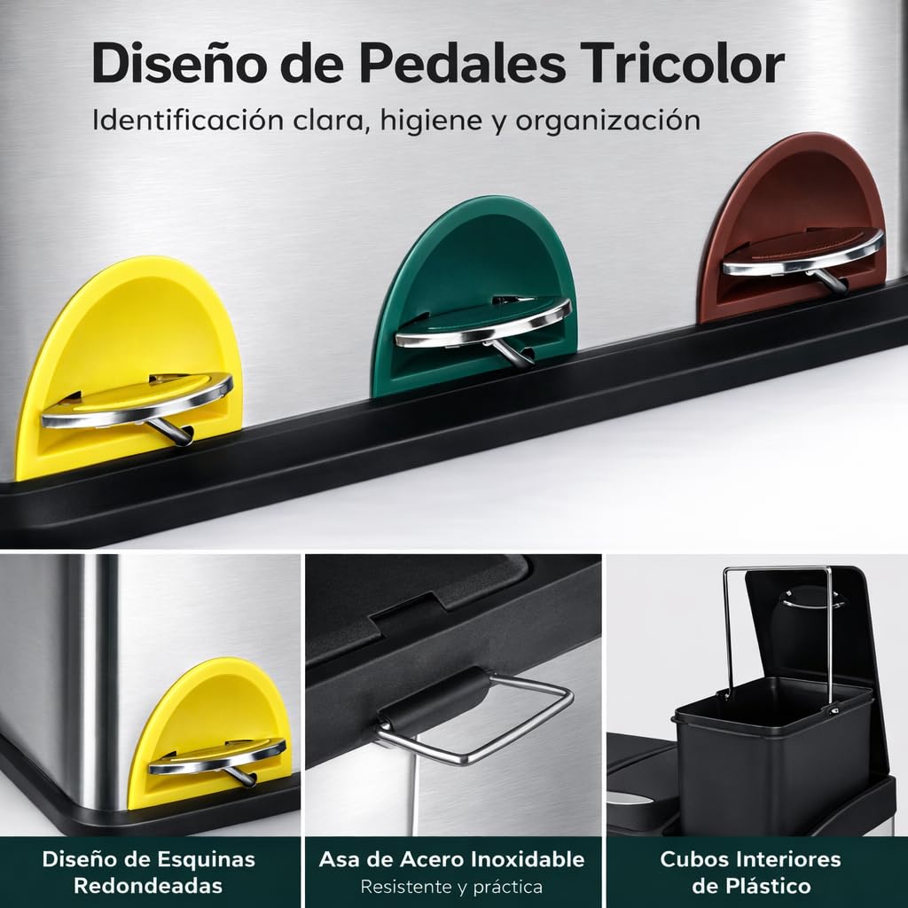 T-LOVENDO.ES Cubo basura o reciclaje 3 de compartimentos Grande | 3 X 8L Total 24 Litros | Contenedores de reciclaje separados por color | Papeleras con pedal | Acero | Gran capacidad
