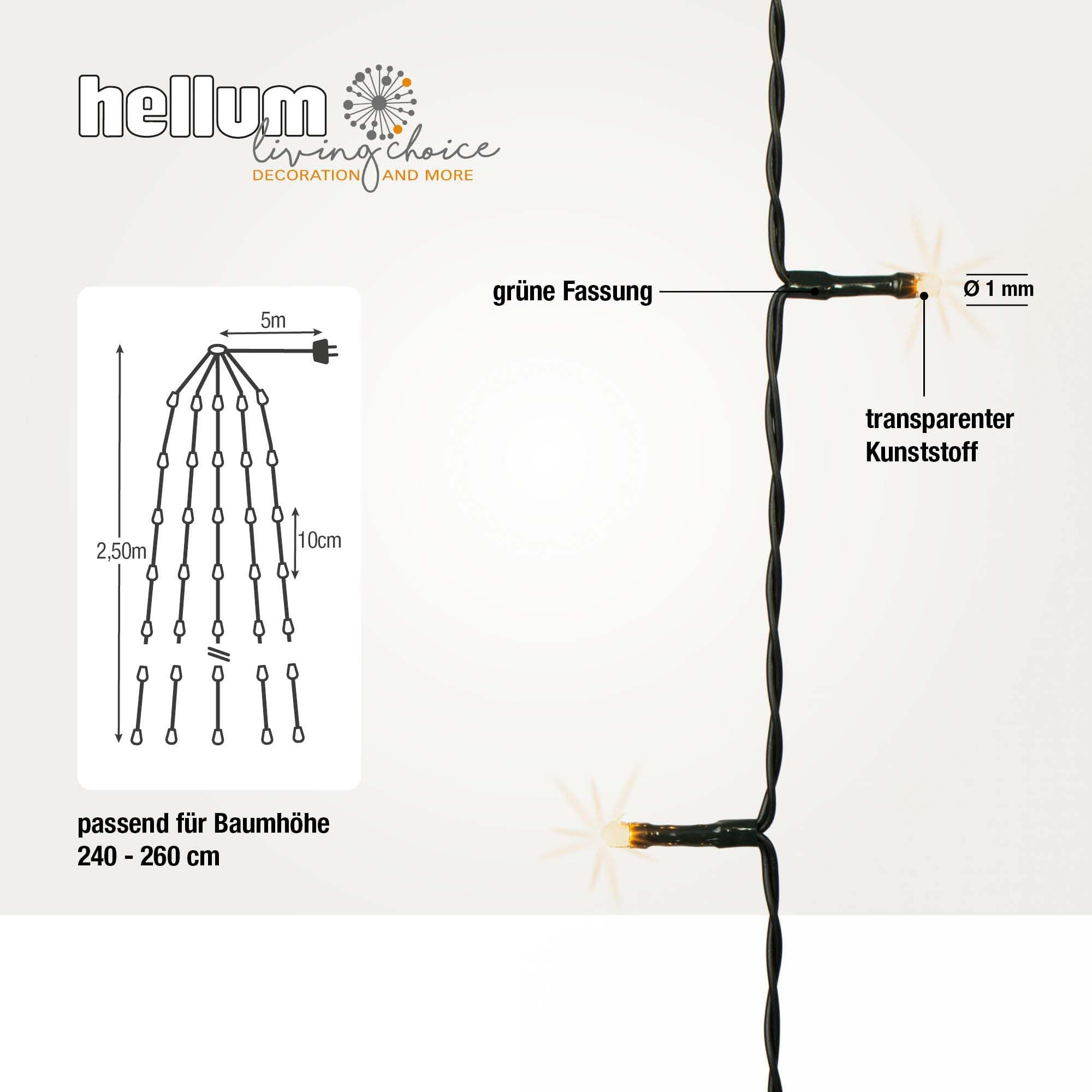 hellum LED Lichterkette Weihnachtsbaum Quick Lights, Weihnachtsbaum Beleuchtung mit Ring und 10 Strängen, 250 LEDs, beleuchtete Länge 2,50m, warmweiß, für außen, Dekorationsbeleuchtung <59 lm 577914