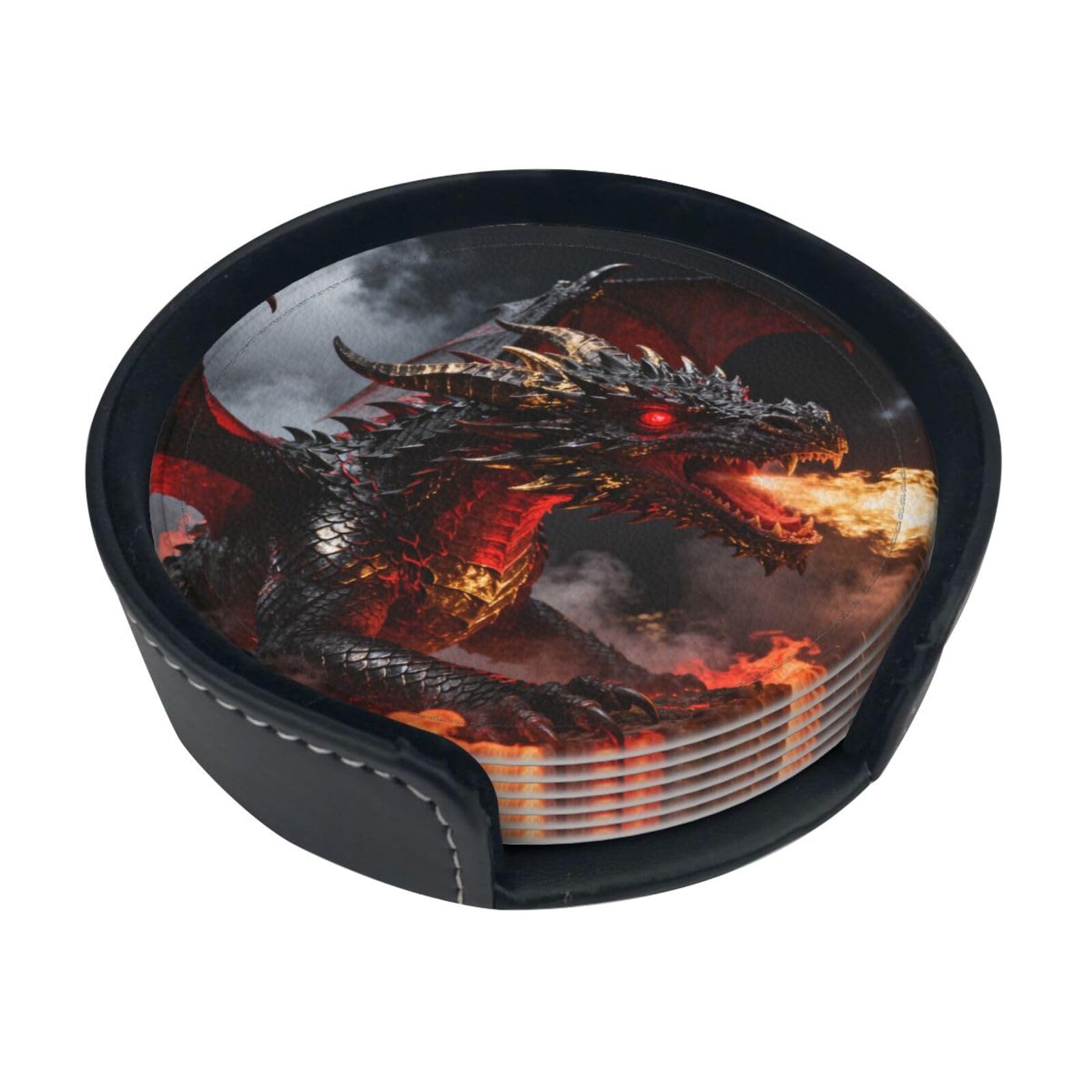 Cntdbu White Dragon Fire Flame Leather Coasters Set Of 6-Pu Leather Drink Mats For Table, Heat Resistant Round Coasters With Holder