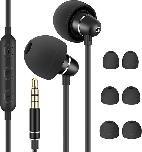 Bulees Sleep Earphones for side sleeping, Noise Isolating, Lightweight Wired Earbuds for Small ear Canal, In-Ear Headphones with Mic and Volume Control for Sensitive Sleeper, Bedtime (Black)