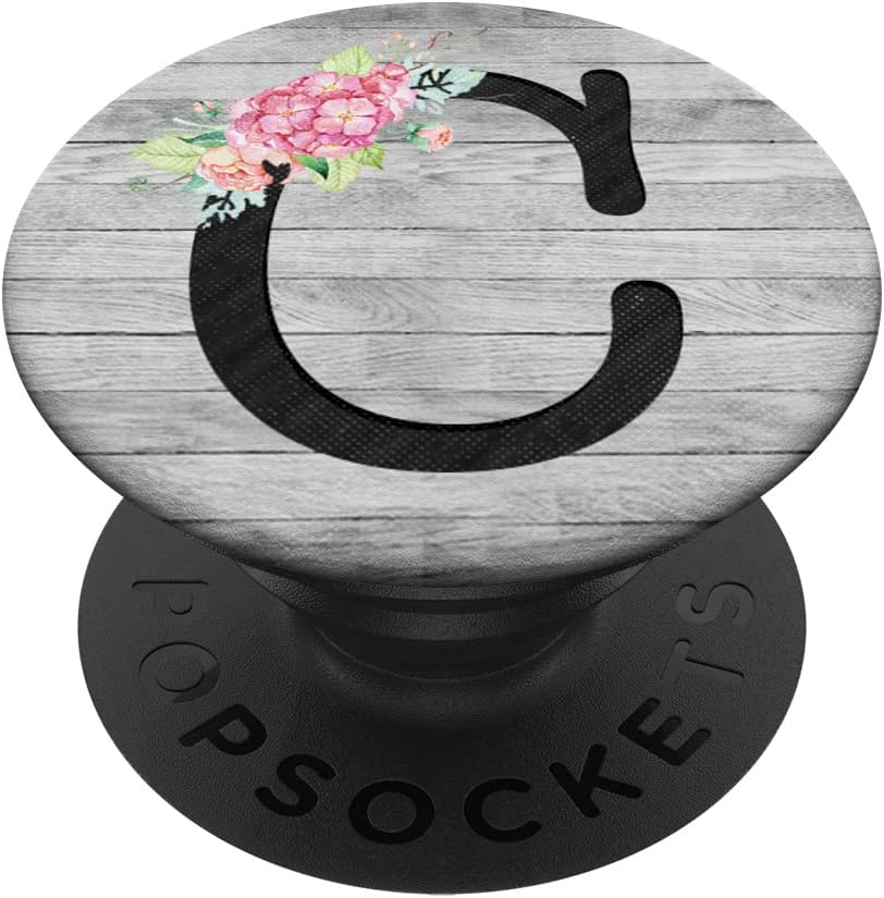 Black Letter C Initial Monogram Floral Watercolor On Gray PopSockets MagSafe PopGrip for iPhone