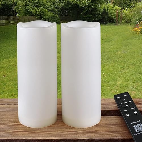 Paquete de 2 velas LED blancas para exteriores de 3 x 8 pulgadas, sin perfume, IP65, impermeables, sin llama, con control remoto y temporizador,