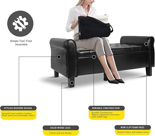 Miniatura 7 de Babion Banco de almacenamiento para el extremo de la cama, banco otomano de almacenamiento de piel sintética con botones de 51 pulgadas, banco de