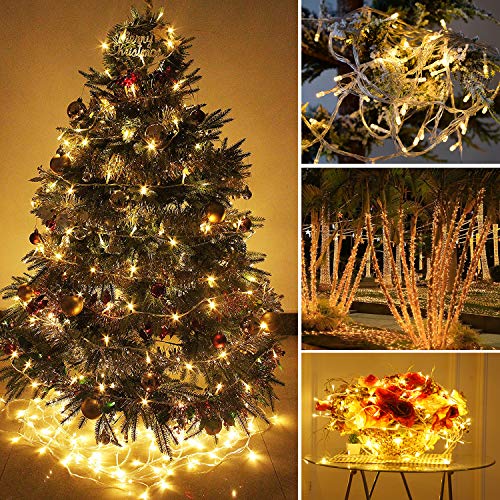 MOVEONSTEP Luci Natale Esterno Interno 200LED 22M Luci Albero di Natale Catena Luminosa Esterno Luci LED Natalizie per Albero di Natale con 8 Modalità IP44 Impermeabile-Bianco Caldo