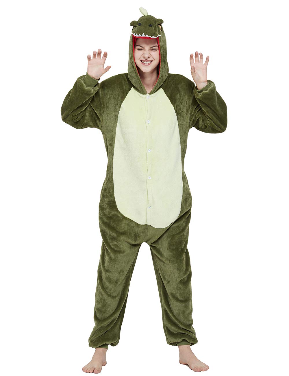 CALANTA Dinosaur Onesie Adult Dragon Costume T-Rex Animal Women Plush Pajamas One Piece Cosplay Halloween Christmas