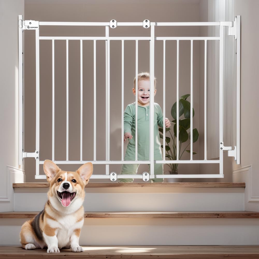 COMOMY 27.5-43″ Baby Gate No Bottom Bar for Stairs and Doorways, 2-in-1 Auto Close Dog Gate Indoor for the House, Hardware Mounted Pet Gate with Large Walk Thru Door, Child Safety Gate for Dogs, White