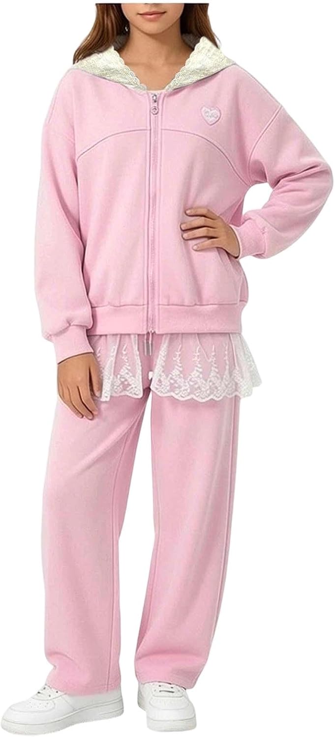 Trendy Kids Girls Zip Up Hoodie Lace Trim Sweatsuit Cute Heart Set