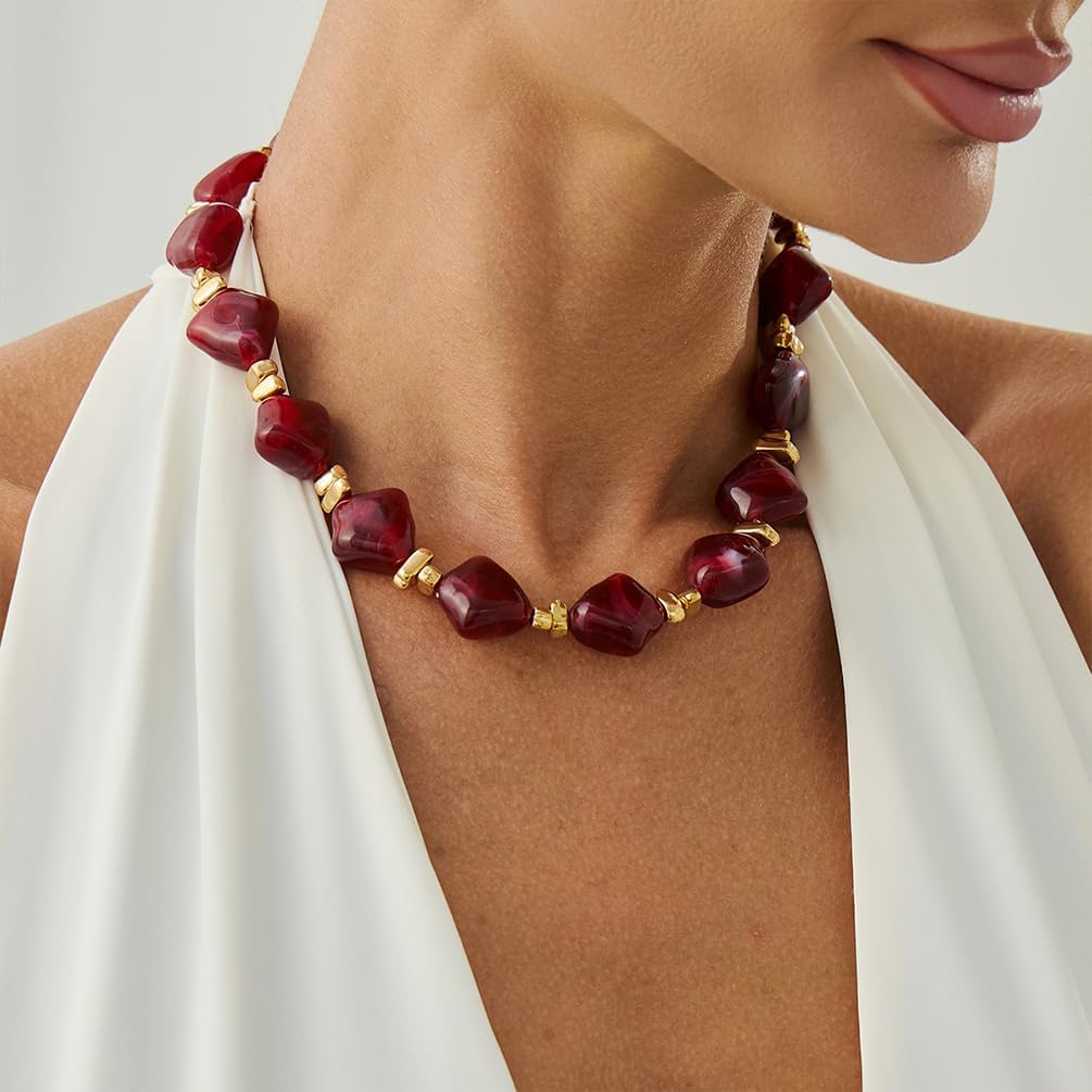 Charm Chunky Irregular Turquoise Gold Beads Choker Necklace for Women Statement Red Resin Acrylic Necklaces Boho Prom Party Aesthetic Jewelry Gifts - Image 4