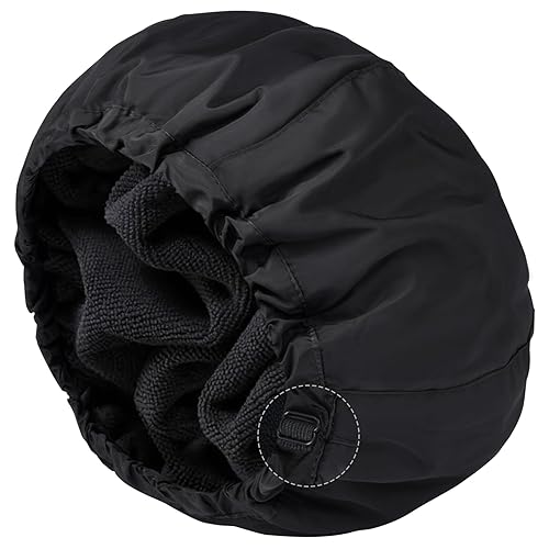 Gorro de ducha para mujer, gorro de baño negro, reversible, grande, impermeable, ajustable, forro de rizo y banda elástica, dobladillo elástico