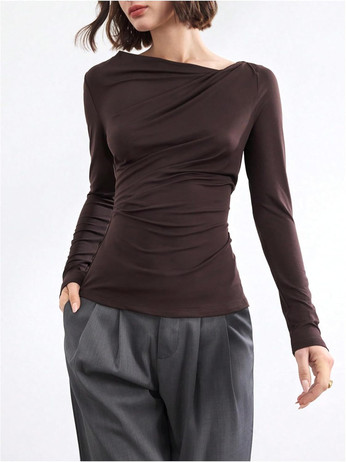SweatyRocks Women's Ruched Long Sleeve Tops Asymmetrical Neck Fitted T Shirts Work Top - Image 4