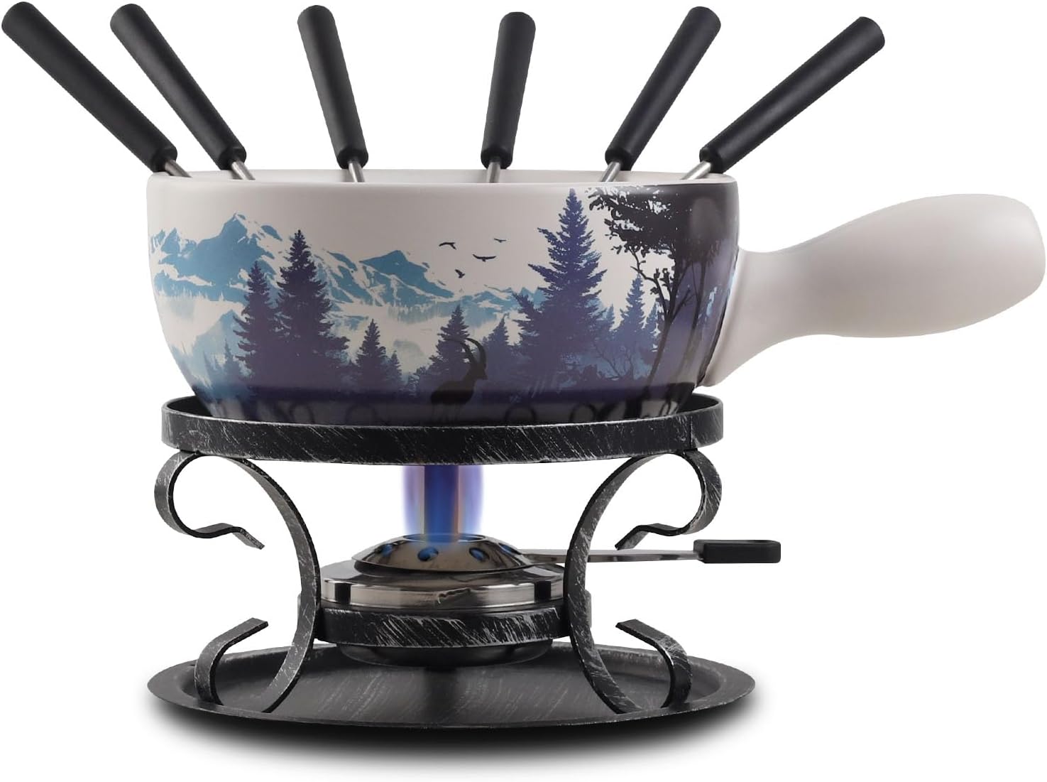 Serene Summits Swiss Design Fondue Set for Party - 2L Large Capacity Ceramic Fondue Pot Melting Cheese, Chocolate, 6 Fondue Forks, Fondue Party, Wedding Gifts