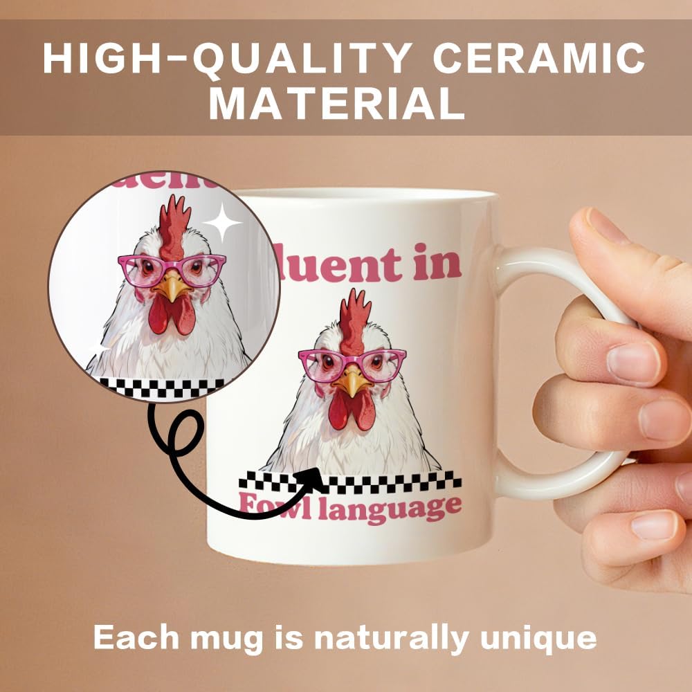Fluent in Fowl Language Coffee Mug, Cool Rooster Theme Gifts for Chicken Lover Poultry Farmer Chicken Owner, Birthday Retirement White Elephant Gifts for Colleague Coworker Boss Leader - Image 3
