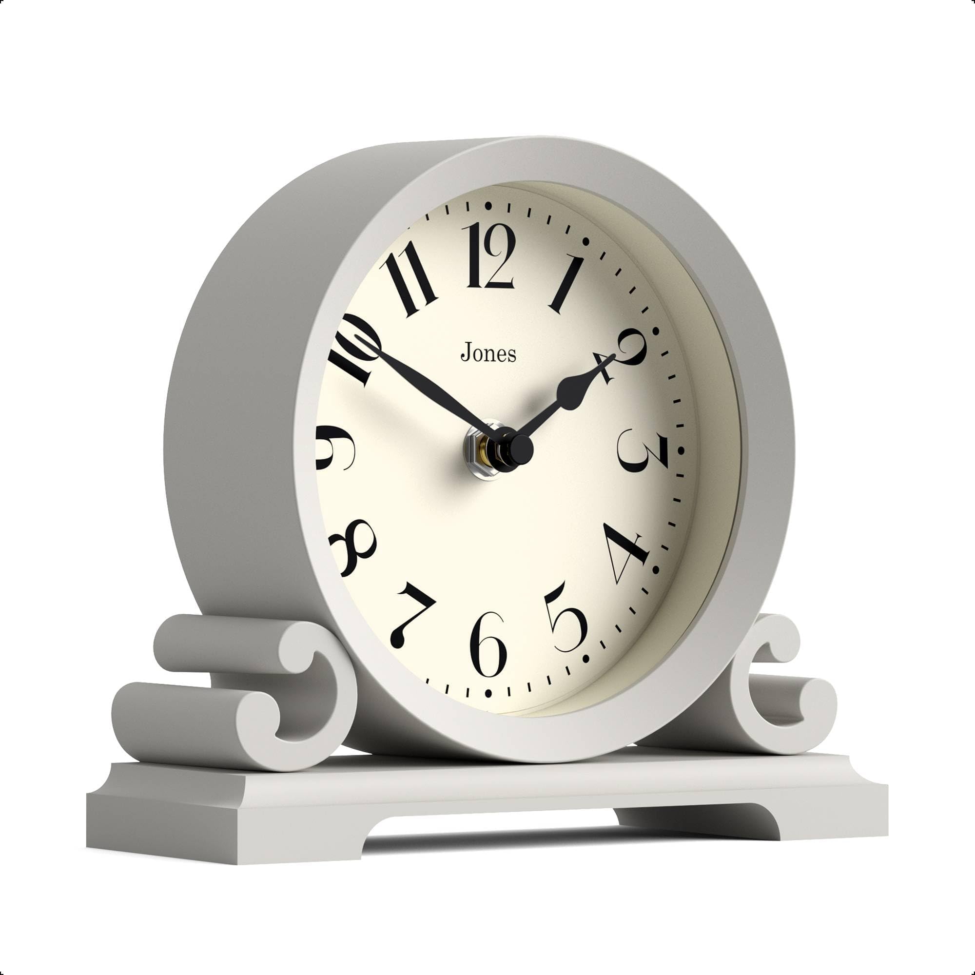 Jones Clocks® Saloon mantel clock | Small traditional double scroll design | Grey | Contemporary classic style for desk, table, shelf or bedside