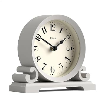 JONES CLOCKS Saloon Mantel Clock | Small Traditional Double Scroll Design | Gray | Contemporary Classic Style for Desk, Table, Shelf or Bedside