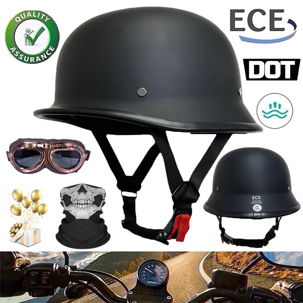 Halbschalenhelm Motorrad Halbhelme Mit Maske und Brille ECE Zertifiziert Motorradhelm Open Face Helm Schnellschnalle Weiche Kinnstütze Unisex/M~4XL 57~68CM