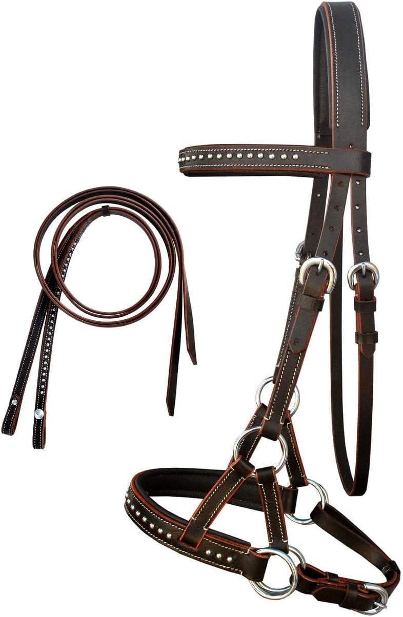 Leather Bridle English Headstall Reins Cowhide Genuine Horse Crossover Crossunder Raised Fancy Stitched Laced All Purpose Jumping Dressage Rubber Crystal Padded Adjustable Browband Full-Cob,M83