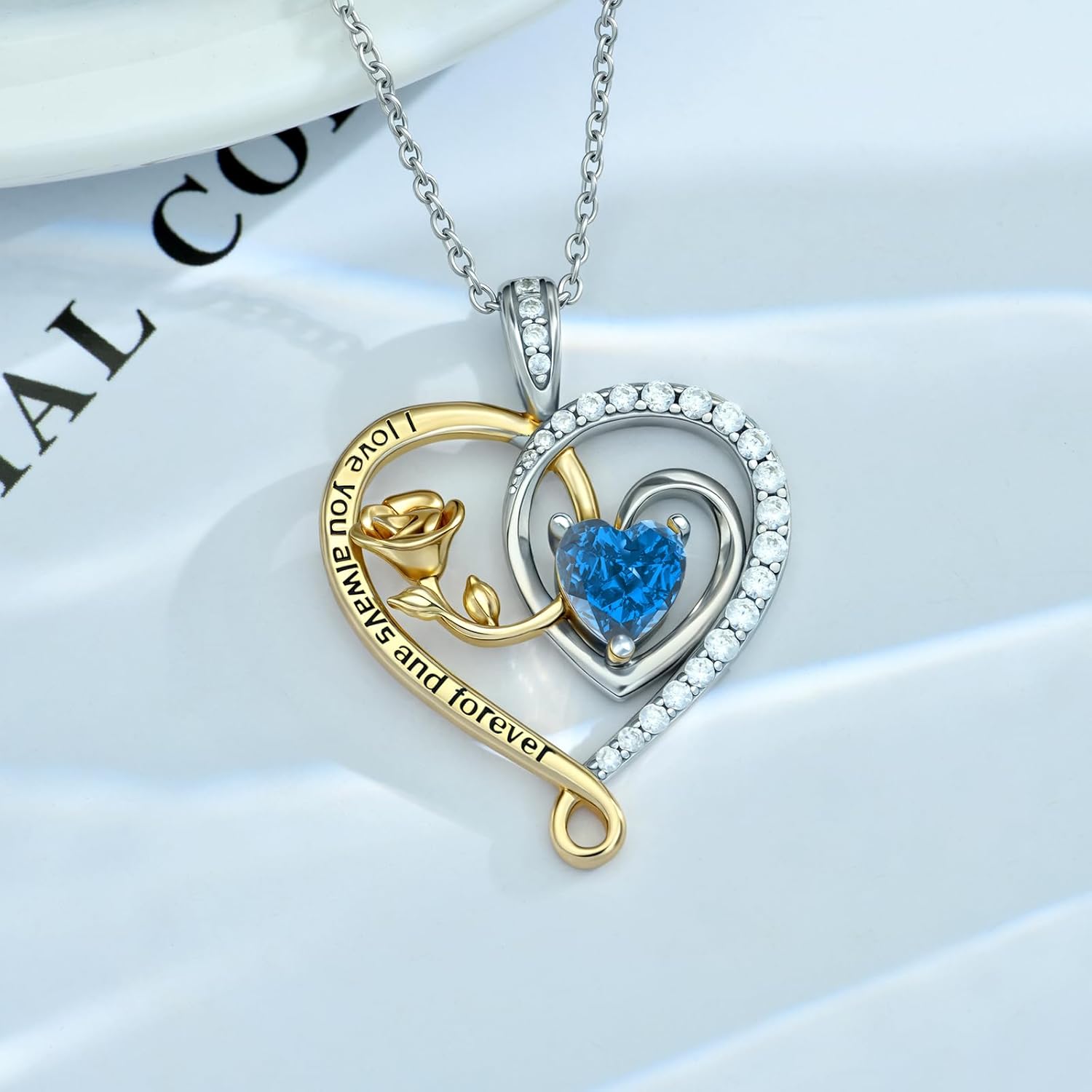 E Infinity Double Heart Birthstone Necklace 925 Sterling Silver Rose Flower Pendant Necklace, Birthday Anniversary Jewelry Gifts for Her Wife Mom Girlfriend Wife - Image 2