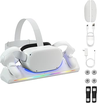 Charging Dock for Oculus/Meta Quest 2, Magnetic Charging Station for Meta Quest 2 VR Headset & Controllers, with 2 Rechargeable 2100mAh Batteries, USB-C Charger and Cable, Supports LED Indicator