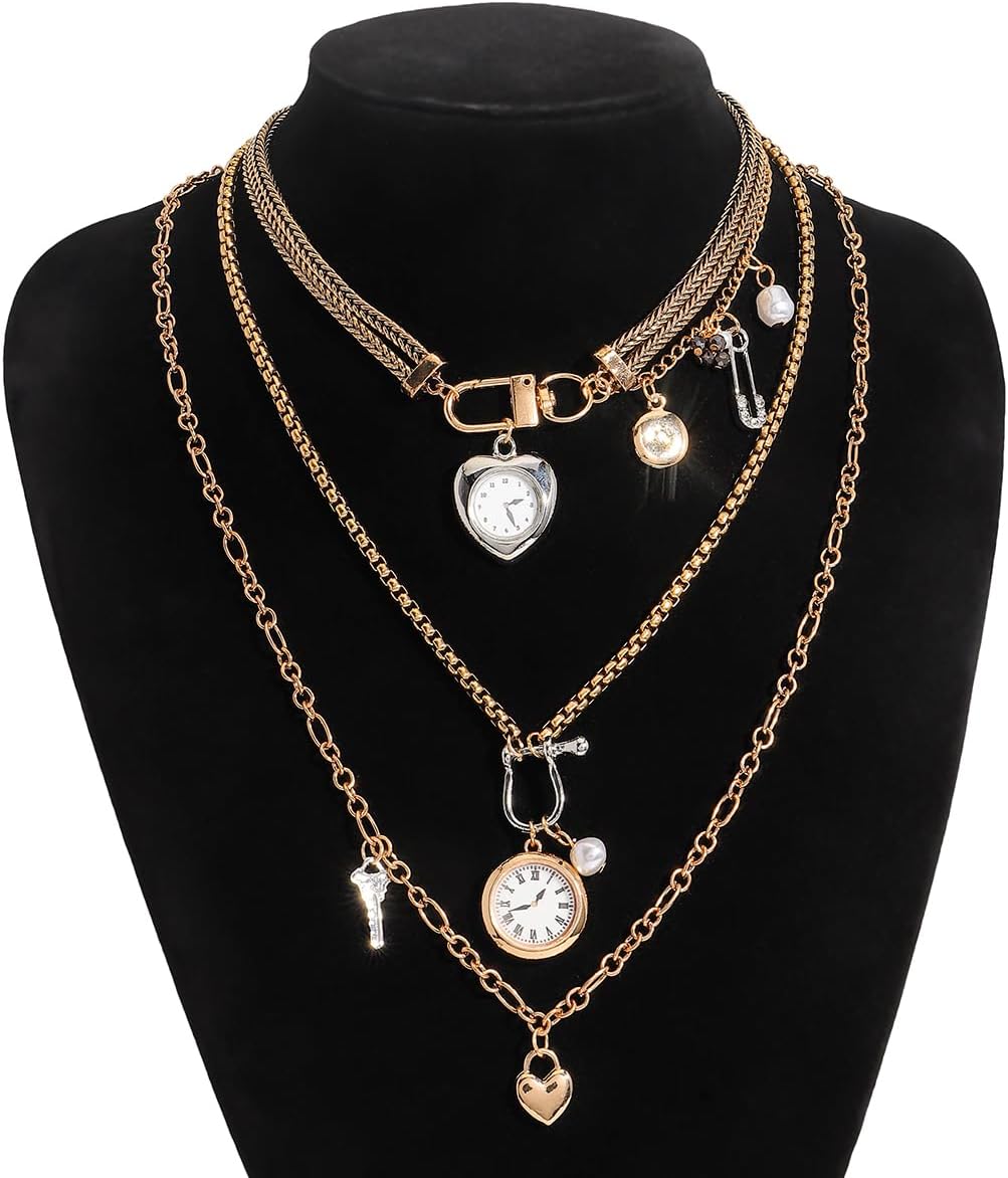 3pcs Multi-Strand Layered Clock Necklaces for Women, Chunky Braided Paperclip Stacked Chain Necklace Statement Jewelry Gift-2 Color