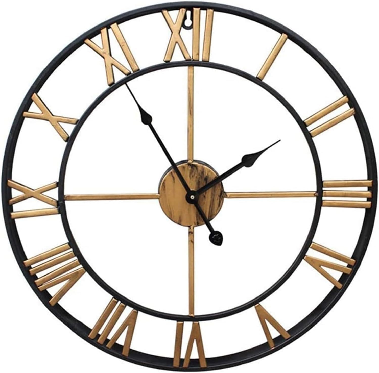 SaryEdge Wall Clock 40Cm Modern 3D Large Retro Black Iron Round Art Hollow Metal Wall Clock Nordic Roman Numeral Clock Home Living Room Decoration Black,