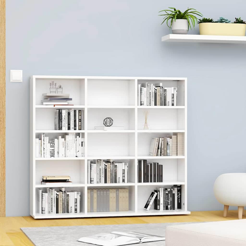 Scaffale per CD, in legno bianco, 100 x 23 x 89,5 cm, con 15 scomparti aperti, per soggiorno, camera da letto, ufficio, pratico contenitore multimediale per CD, DVD, accessori Hi-Fi