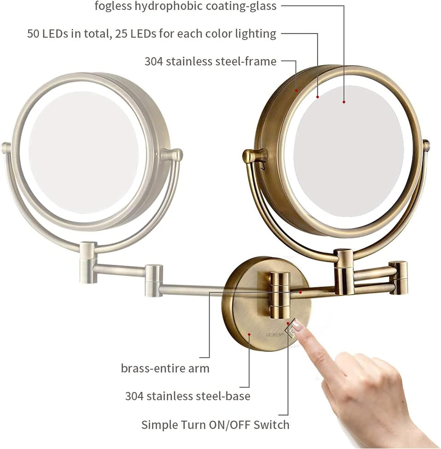 8.5 Inch Wall Mounted LED Lighted Makeup Mirror with Magnification, Bronze Bathroom Double Sided Shaving Vanity Mirror, Plug Powered,7X(10x)