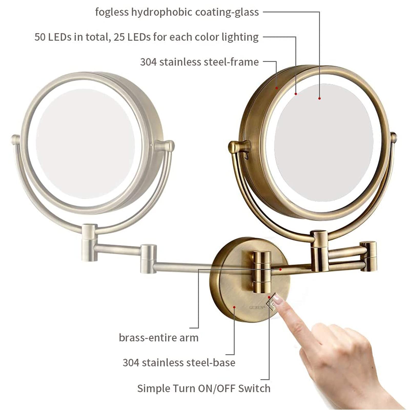 WYCSAD Espejo de Maquillaje con luz LED montado en la Pared de 8.5 Pulgadas con Aumento, Espejo de vanidad de Afeitar de Doble Cara de Bronce, Alimentado por Enchufe, 5X (5X) Decoration