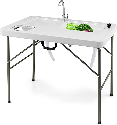 Julimoon - Mesa plegable de limpieza de peces, mesa de campamento portátil con 2 fregaderos, grifo giratorio de 360°, estación de fregadero de