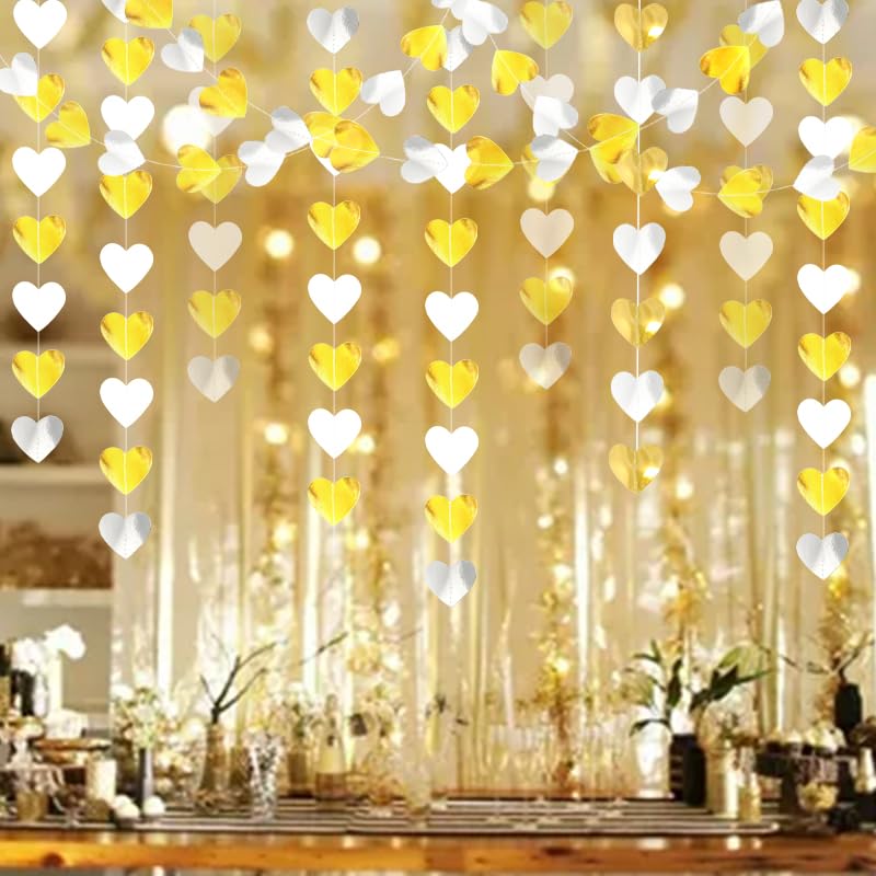 Image of Glitter Gold and White-Sliver Party Decorations Heart Streamers Garland - 39Ft Christmas Wedding Engagement Hanging Paper Banner, Bachelorette Bday Bridal Baby Shower Anniversary Decor Banners