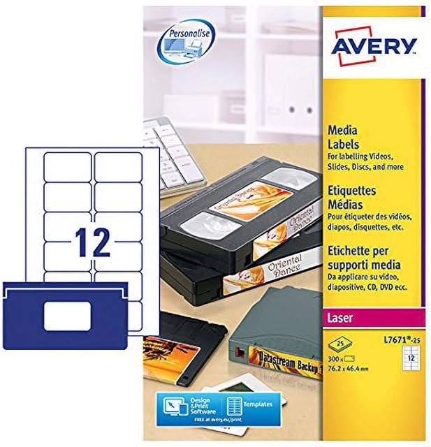 Avery L7671-25 Self-Adhesive Video Face/Data Storage Labels, 12 Labels Per A4 Sheet, White