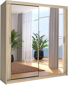 SLIDING WARDROBE 4U OAK STYLISH DOUBLE MIRROR SLIDING DOOR WARDROBE WITH LED LIGHT Width 180cm