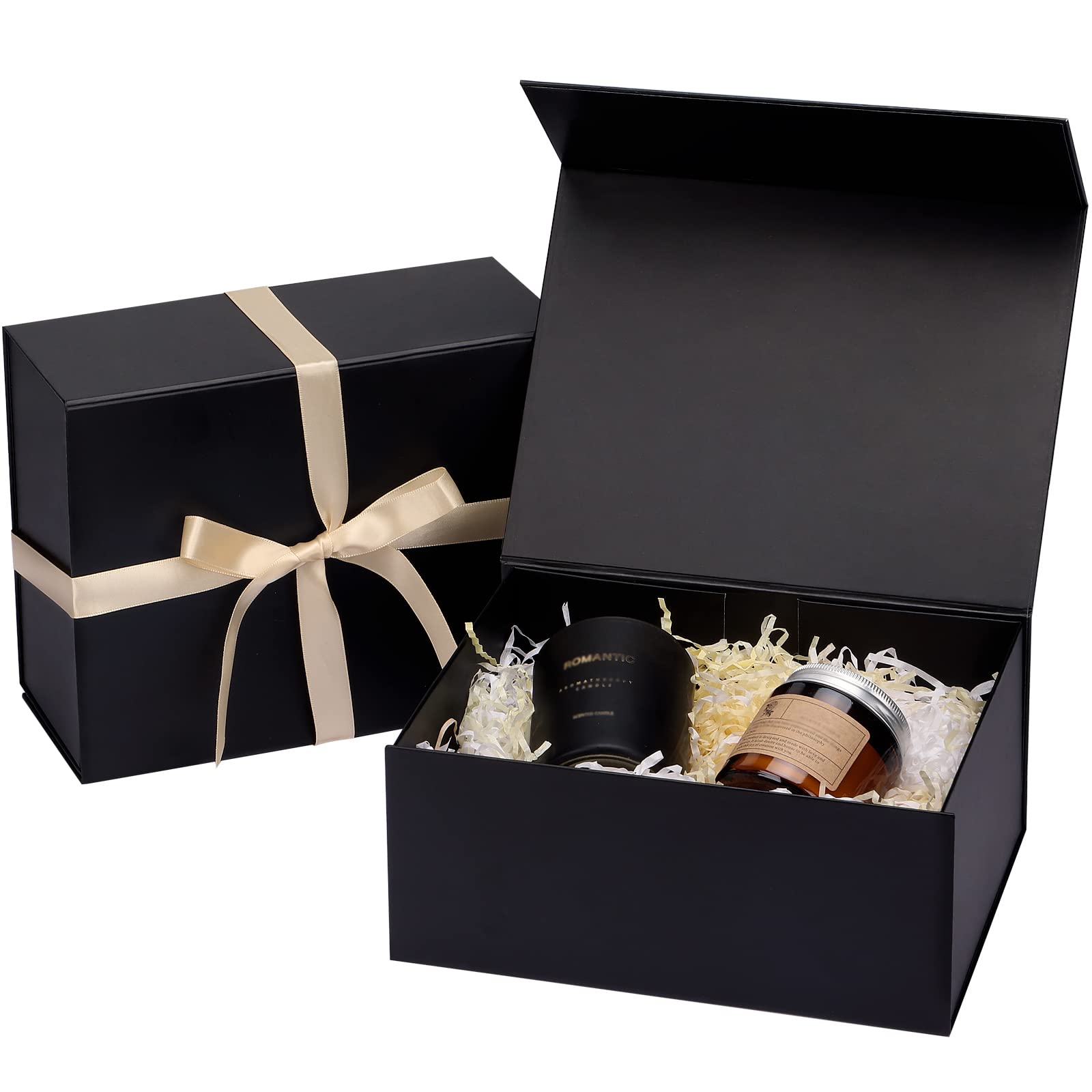 Moretoes 2 PCS Luxury Black Gift Boxes with Lids for Presents, Gift Boxes with Ribbon and Magnetic Closure for Christmas, Mother's Day, Holidays, Father's Day, Birthdays（9x7x4 Inches）