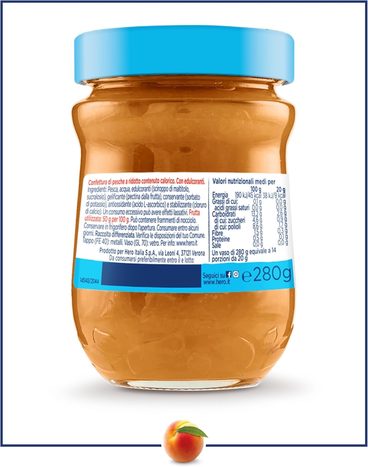 Hero Light Light Pêche Lot de 8 bocaux de 280 g, de confiture et de confiture supplémentaire, fruits de haute qualité, sans conservateurs et sans colorants, Italian Gourmet polpa 400 g