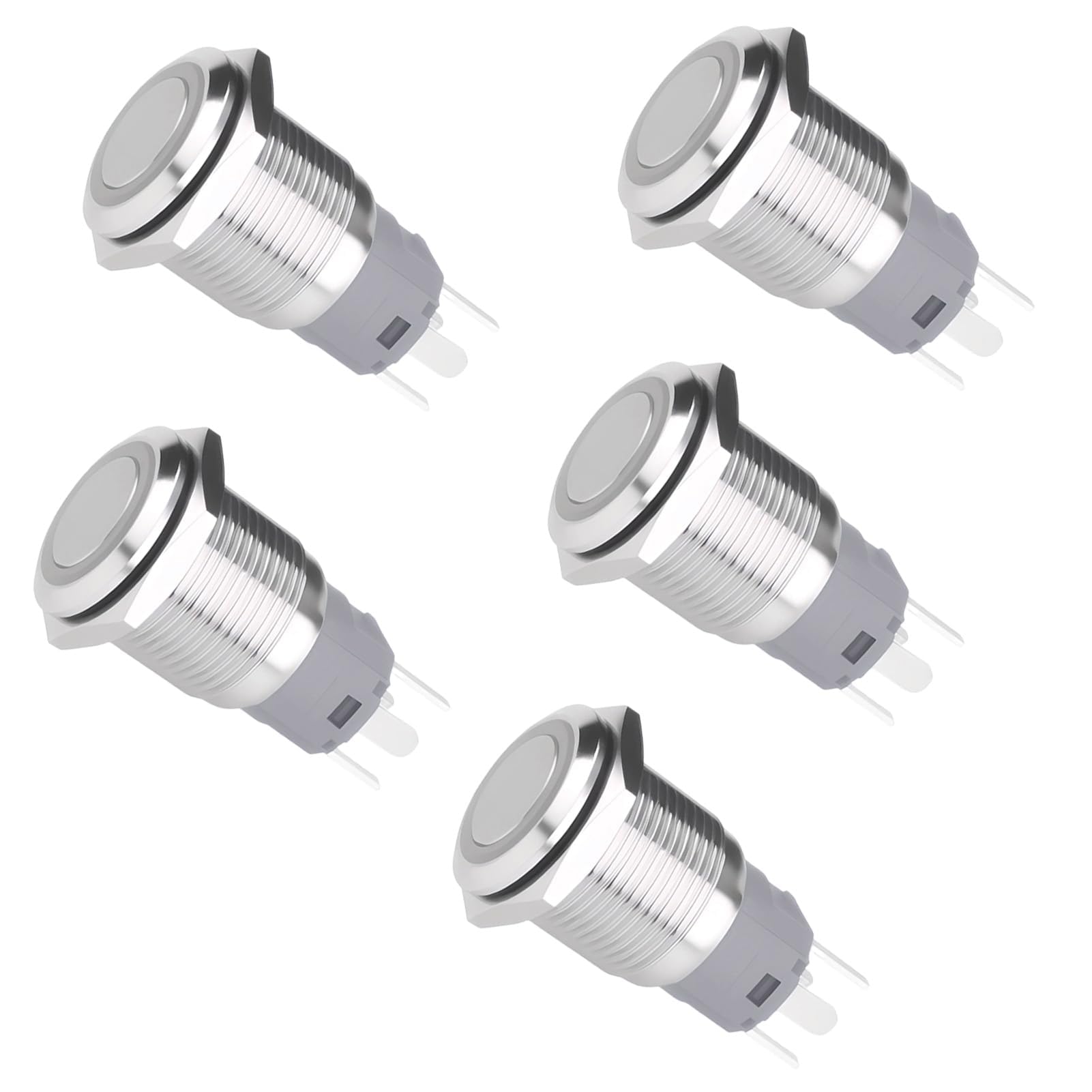 Switch 12V - 16mm (Pack of 5) with Circular Lighting and Flat Head Non-Interlocking Waterproof Push Button Switches for Automobiles, Boats, Motoc
