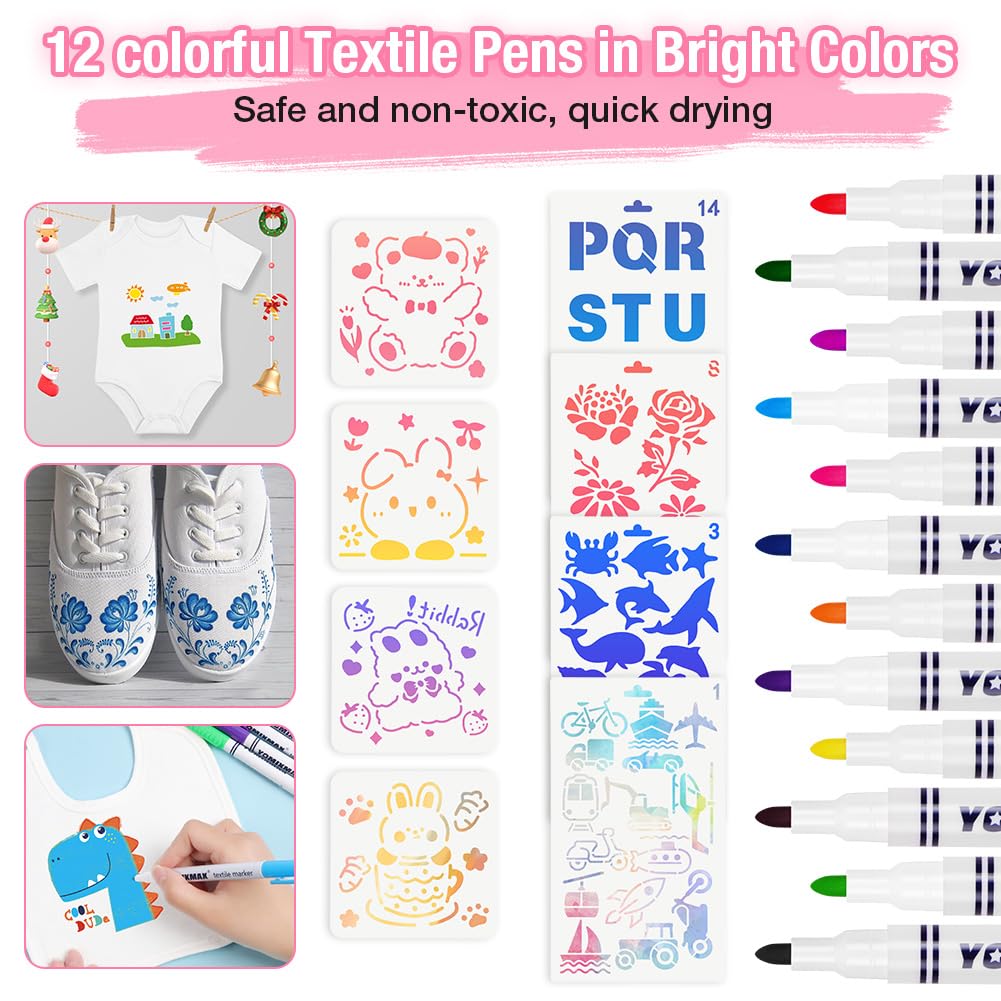 Aolso 6PCS Bavoir, Bavoirs Peinture et 6PCS Grenouillères, avec 12 Stylos Textiles de Couleur et 22 Pochoirs de Peinture, Cadeau pour Babyshower Party DIY（9-12mois）