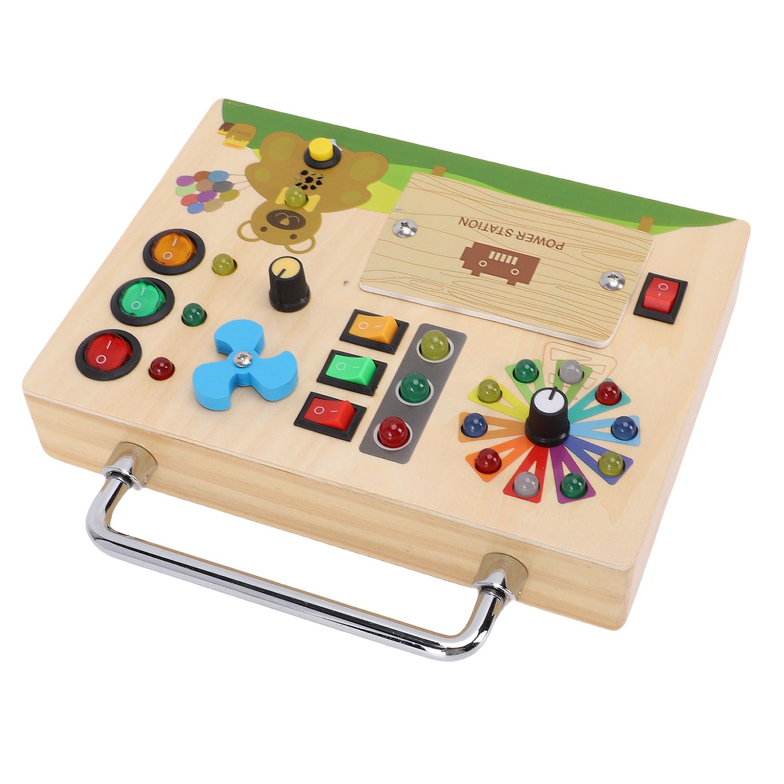 Busy Board, Sensorisches Holzspielzeug, -Aktivitätsbrett mit LED-Lichtern und Ampelwerkzeug für die Entwicklung der Feinmotorik von Kleinkindern auf Reisen