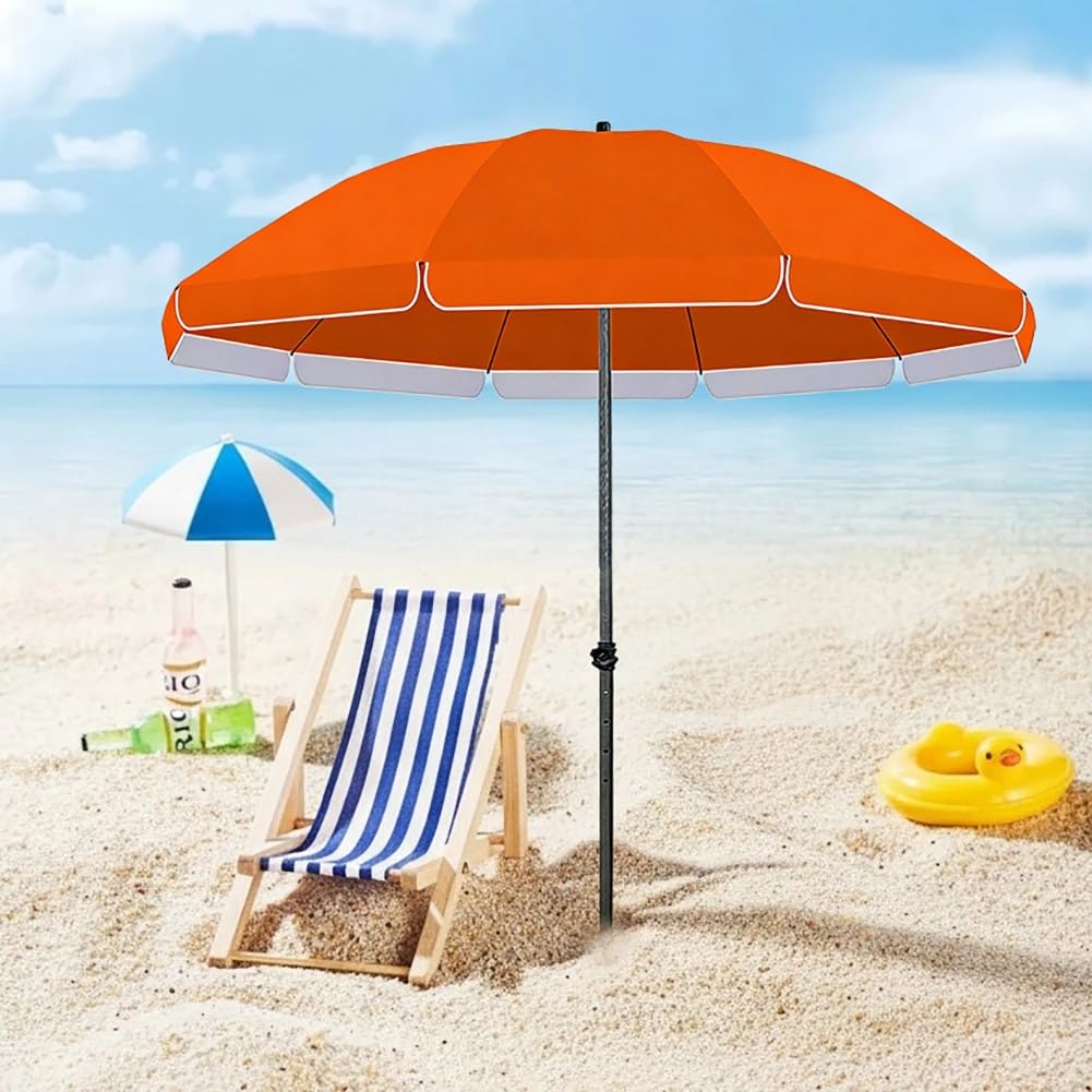 Ombrellone da spiaggia portatile arancione da 2,4 m con protezione UPF 50+, antivento, per giardino esterno, con copertura rotonda in poliestere.
