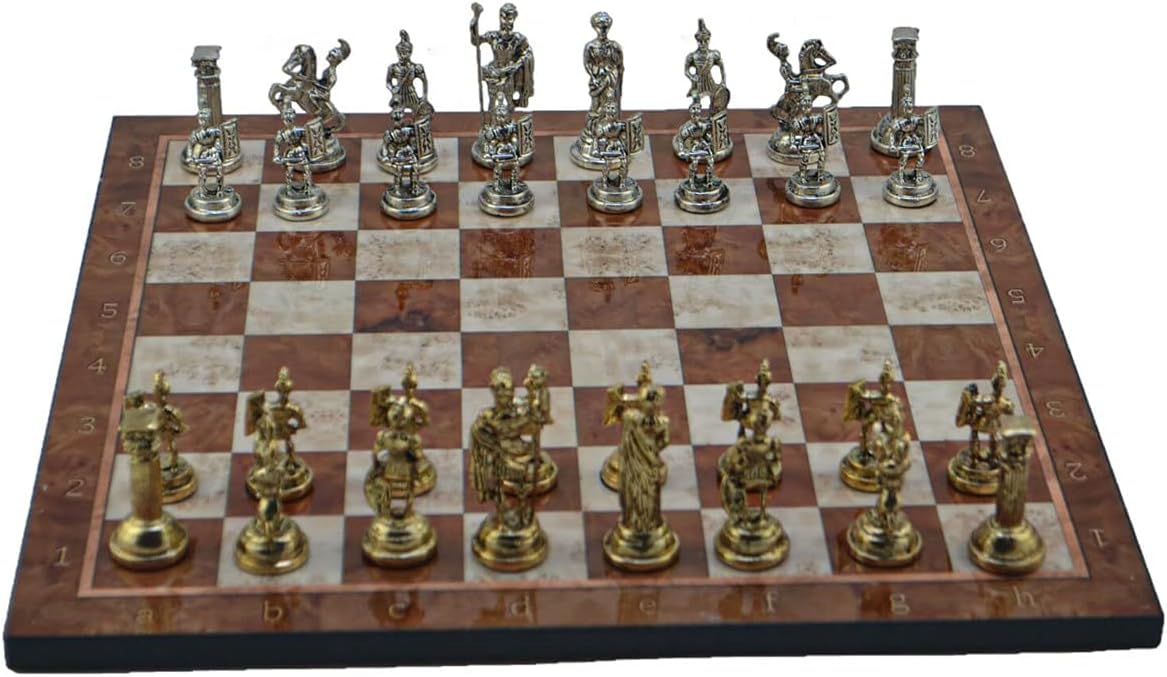 Metal Chess Set for Adults Medium Roman Figures,Handmade Pieces and Different Design Wooden Chess Board (Mocha)