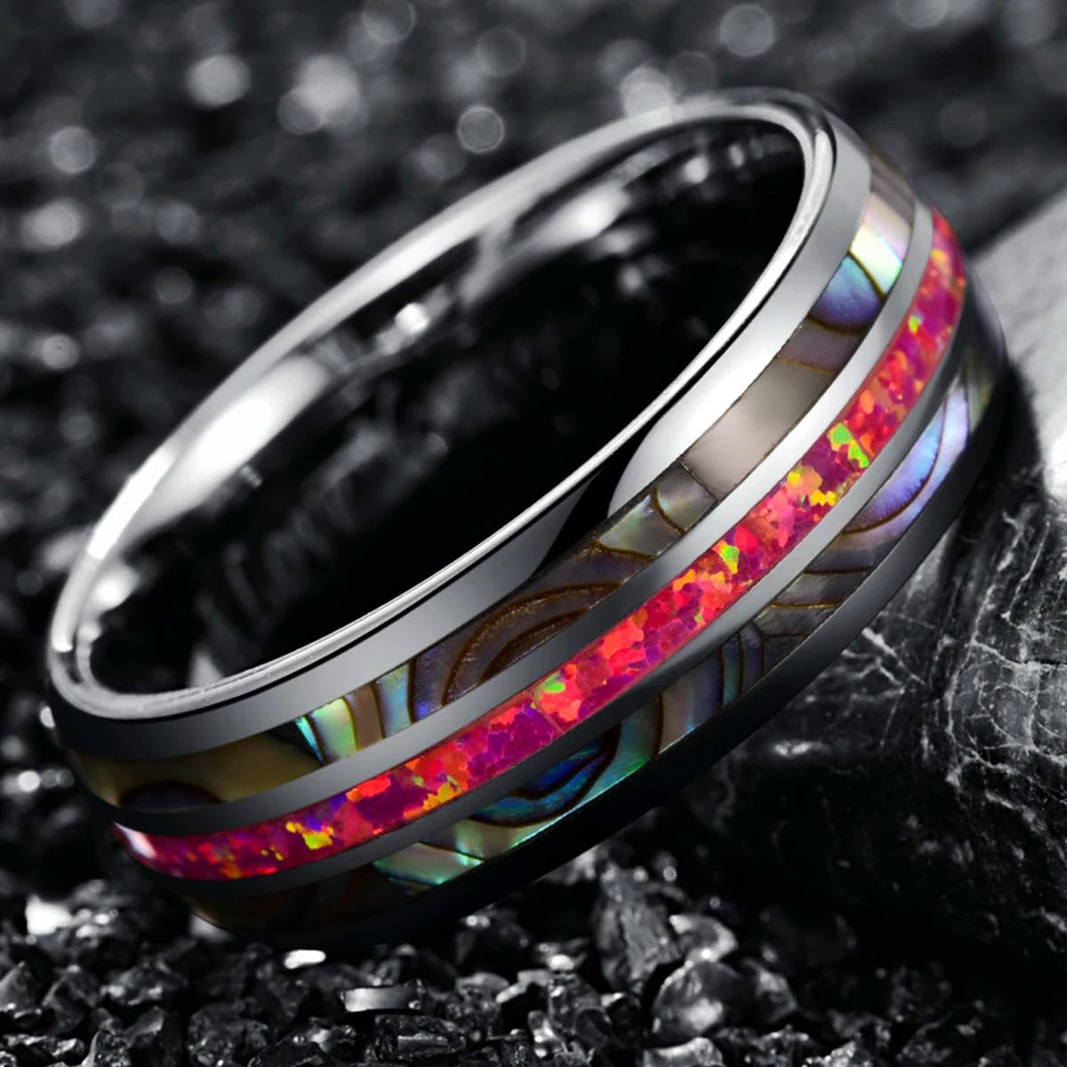 Anillo de carburo de tungsteno Cúpula de Acero de 8 mm con Incrustaciones de Dos Conchas de abulón + Anillo de ópalo Magenta Profundo Ajuste cómodo