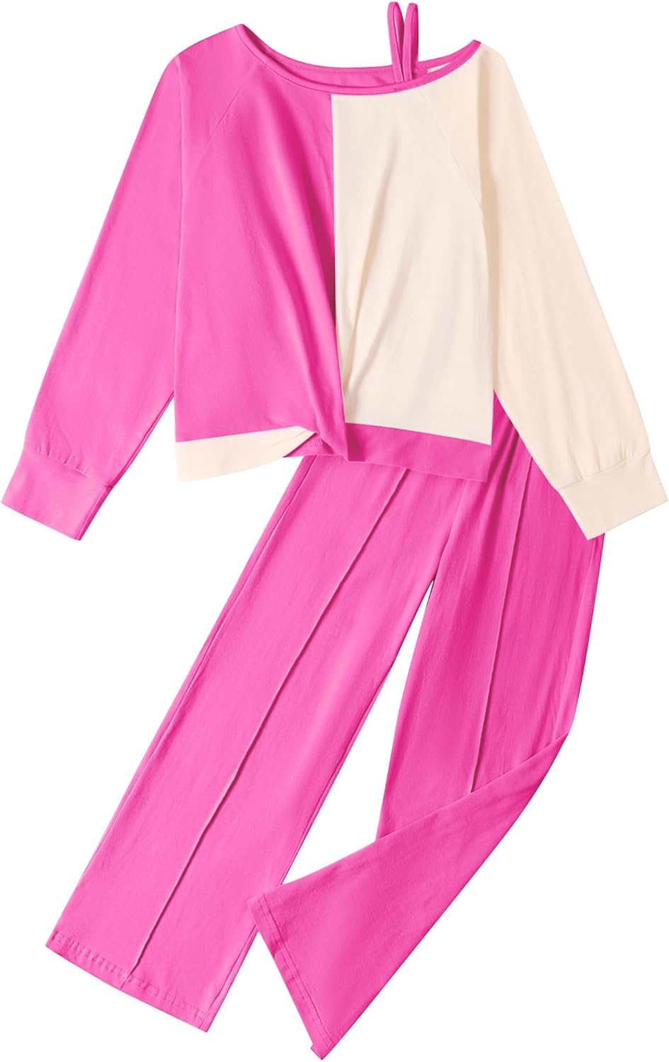 Girls Clothes Twist Knot Color Block Loose Fit Cold Shoulder Top and Solid Color Wide-lege Pants Outfits Size 6-16