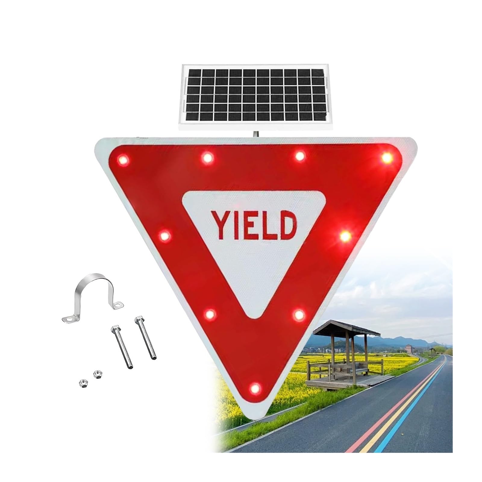Triángulo invertido de Aluminio Señales de Tráfico LED, Señal LED de Rendimiento Solar, Visibilidad Nocturna de 500 Metros, Apta for Pasos a Nivel de Autopistas(24in)