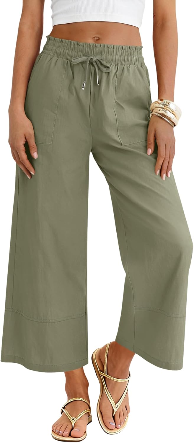 Wide Leg Pants for Women High Waisted Palazzo Pants Work Casual Flowy Trousers with Pockets Army Green S