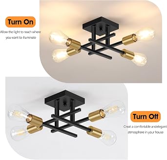 4-Lights Sputnik Chandelier Modern Semi Flush Mount Ceiling Light for Bedroom Lighting, Industrial Kitchen Light Fixture Ceiling Mount for Dining Room Hallway Living Room(Black with Gold) [Energy Class E]