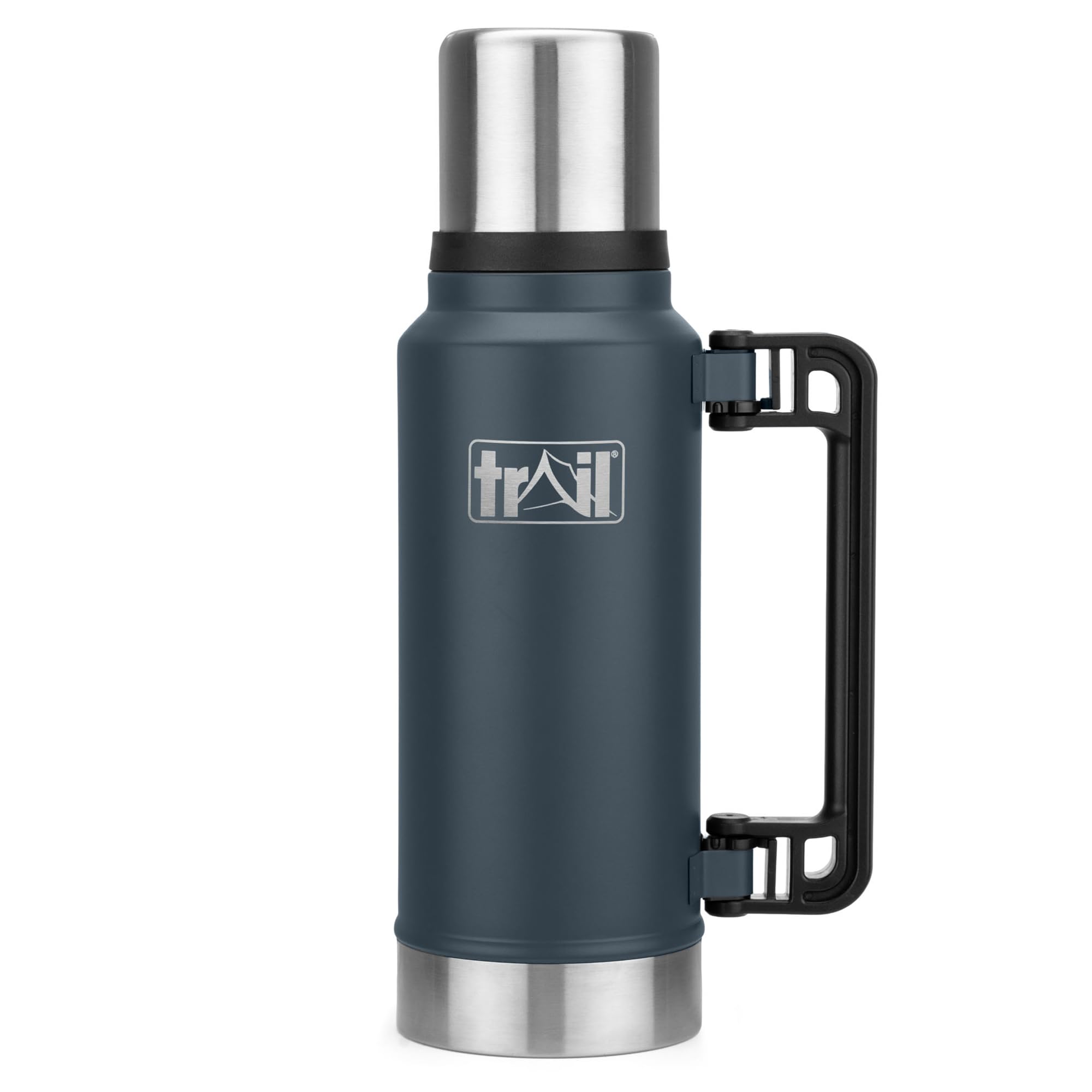 Trail Vacuum Flask with Handle 1000ml, Stainless Steel Thermal Flask for Camping, Hiking & Travel, Keeps Drinks Hot 12hrs / Cold 24hrs, Double Walled, Leak-Proof, Twist-&-Pour Stopper, Lid Cup (Grey)
