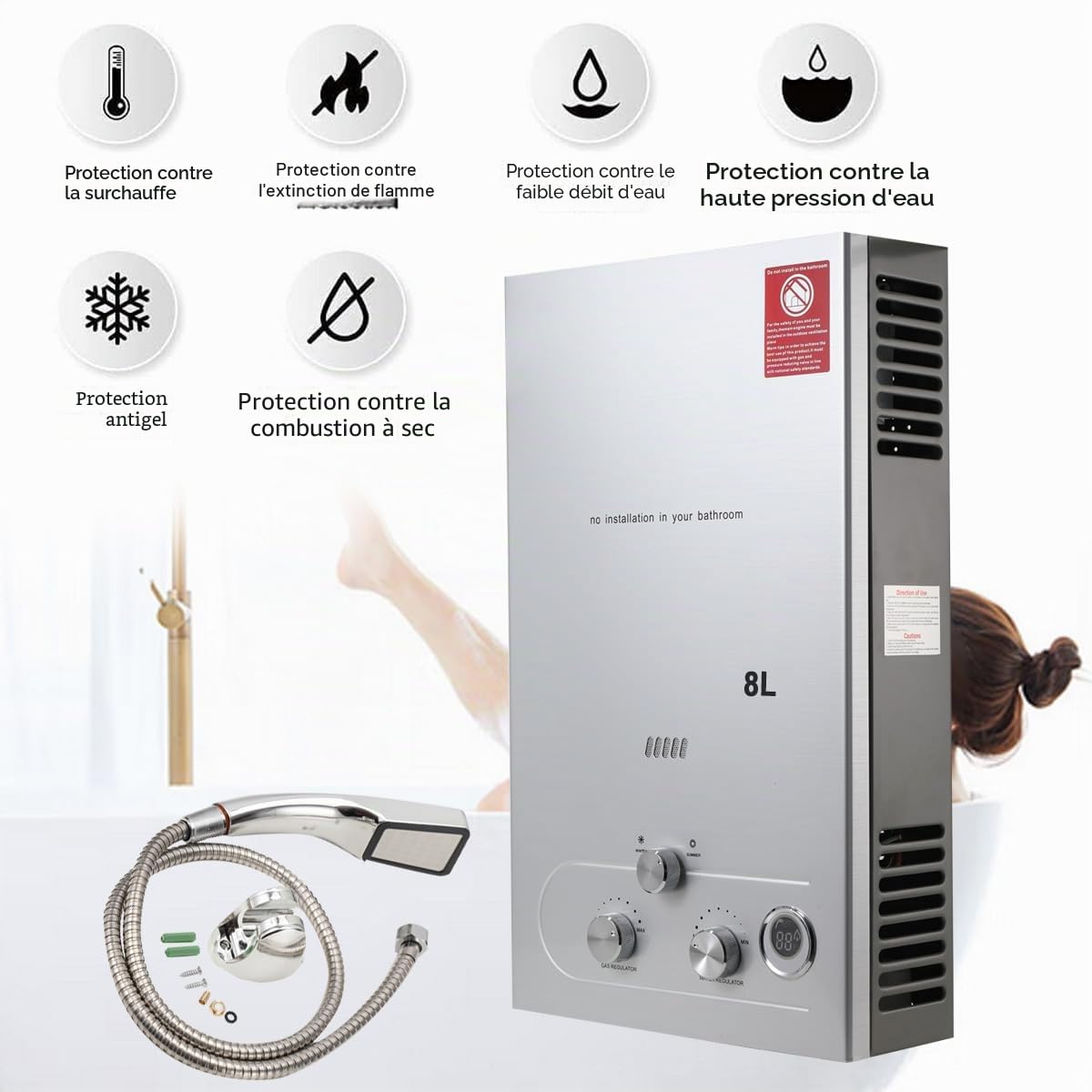 Chauffe eau instantané gaz LPG 8L 16kW propane Chauffe-eau gaz Tankless Chaudiere Avec pommeau de douche à effet pluie et tuyau de douche - Pour camping en plein air et douche en VR -Argent