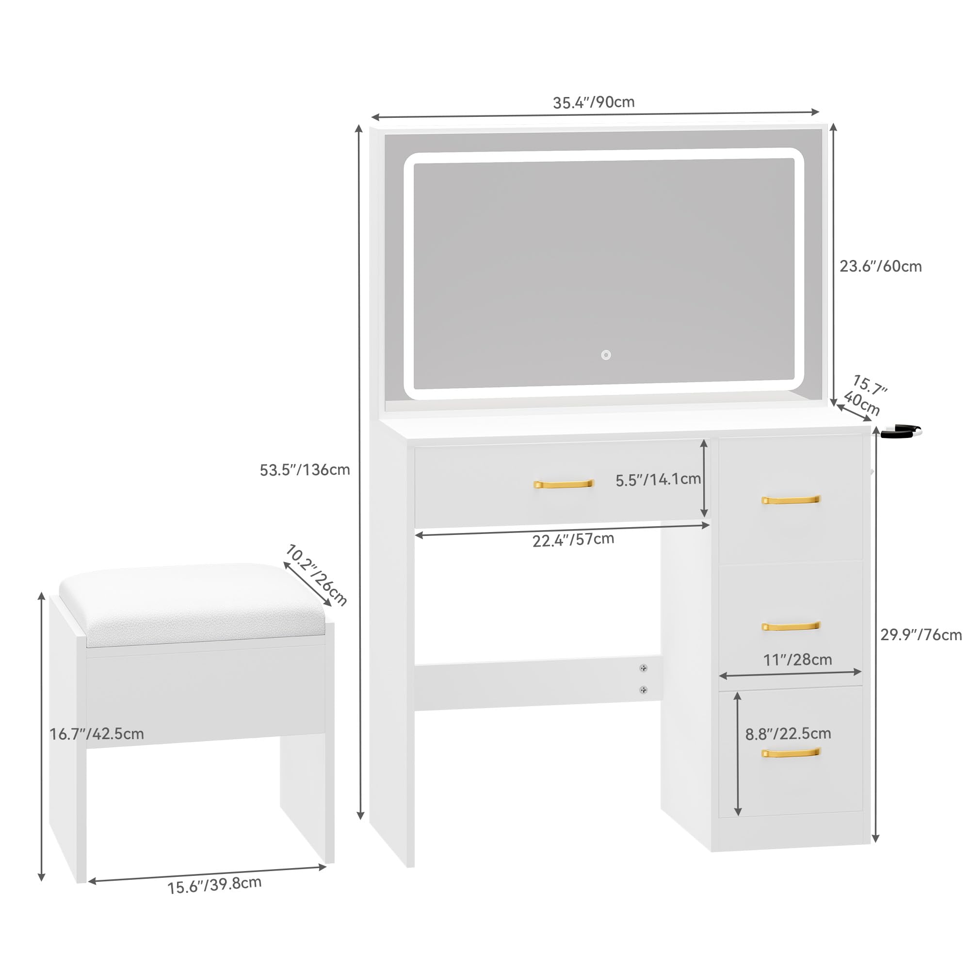 YITAHOME Schminktisch mit verstellbaren LED-Beleuchtung und Steckdosen,Frisiertisch mit 4 Schubladen mit Hocker,Schminktisch mit Spiegel,Weiß
