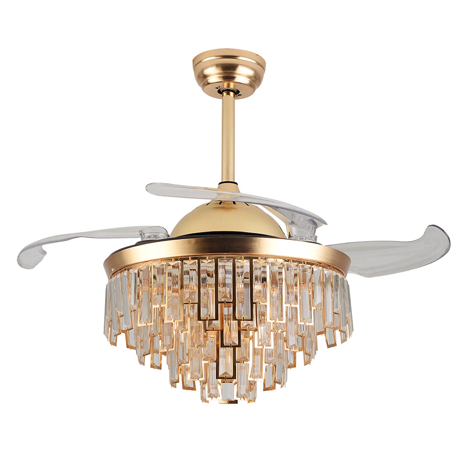TFCFL Gold Crystal Chandelier Fan 42” Ceiling Fan with Light Modern Downrod Mount 3-Color Changeable Fandelier w/ 4 Retractable Blades for Kitchen