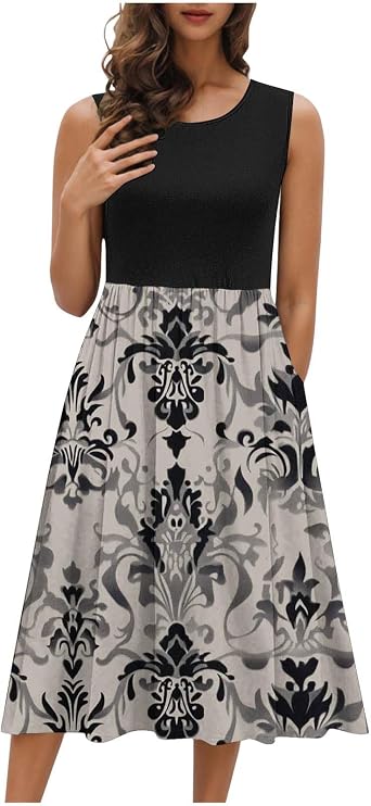 Womens Summer Tank Midi Dress with Pockets Sleeveless A-Line Dress Casual Floral T-Shirt Dress Flowy Beach Sundress