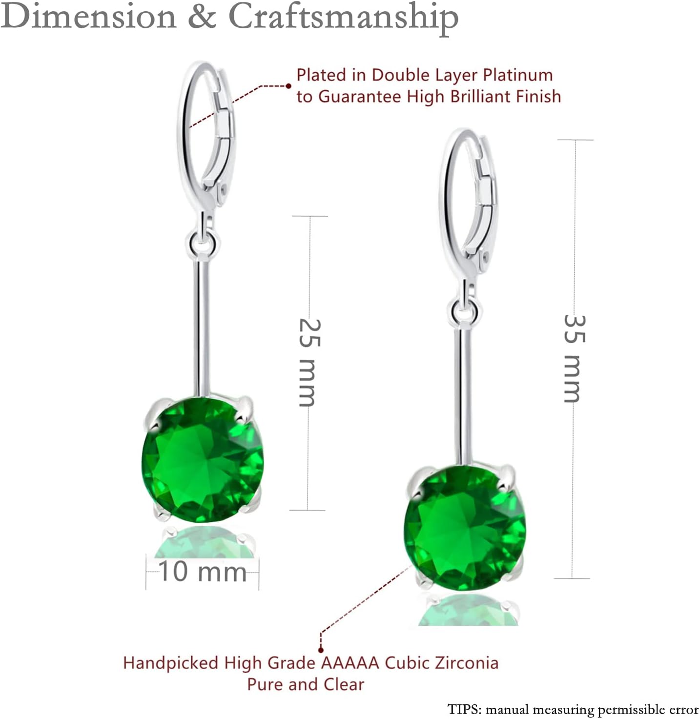 VONSSY Gemstone Drop Dangle Earrings | Platinum/Gold Plated Leverback Crystal Cubic Zirconia Hanging Red/Pink/Blue Earrings