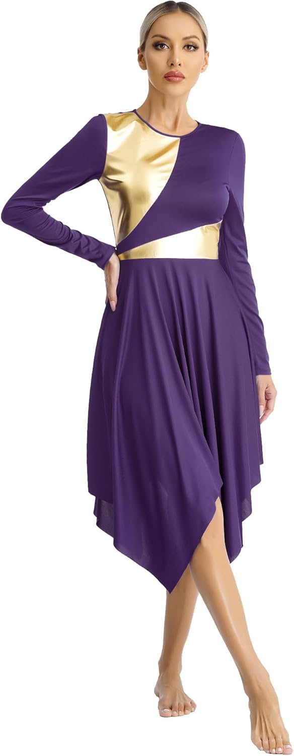 ranrann Women's Metallic Praise Dance Tunic Long Sleeve Color Block Cross Performance Lyrical Dance Dress